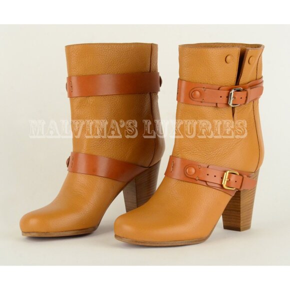 CHLOE ANKLE BOOTS LEATHER DOUBLE STRAP & BUCKLE MID STACKED HEEL sz 35 5 - Picture 3 of 13